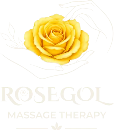 Rosegol Massage Therapy logo — a yellow rose held in two hands