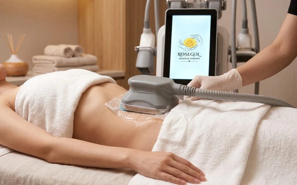 CoolSculpting applicator applying controlled cooling to the client's abdomen